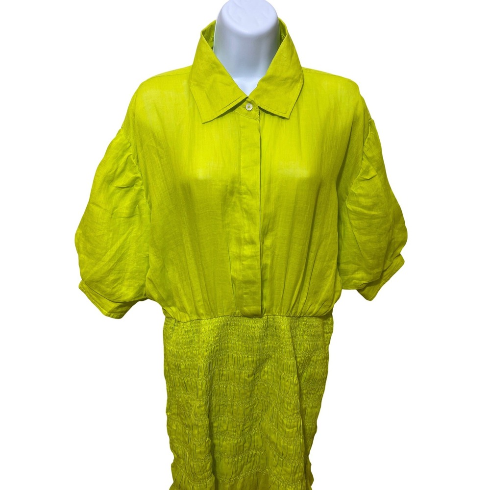 FRAME Smocked Shirt Dress Flash Lime Ramie Mini Puff Sleeve LWWD0591 Medium New - Picture 3 of 10